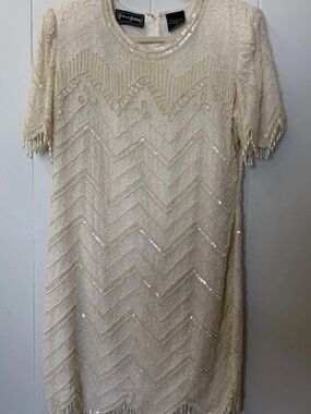 Vintage Robert Anthony Beaded Ivory Dress 100% Pure Silk Size 12 RN87420 LSX